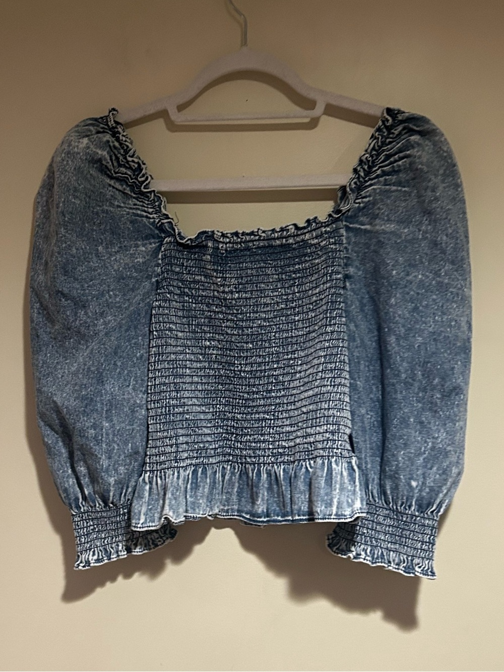 GeeGee Blue Denim Smocked Puff Sleeve Top Sz Sm